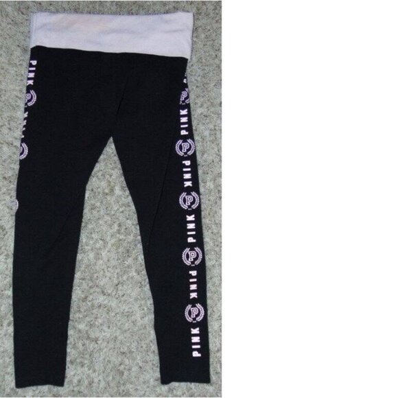 Womens Victorias Secret PINK Yoga Pants Medium Pink Black Foldover Waist Cropped - Picture 4 of 4